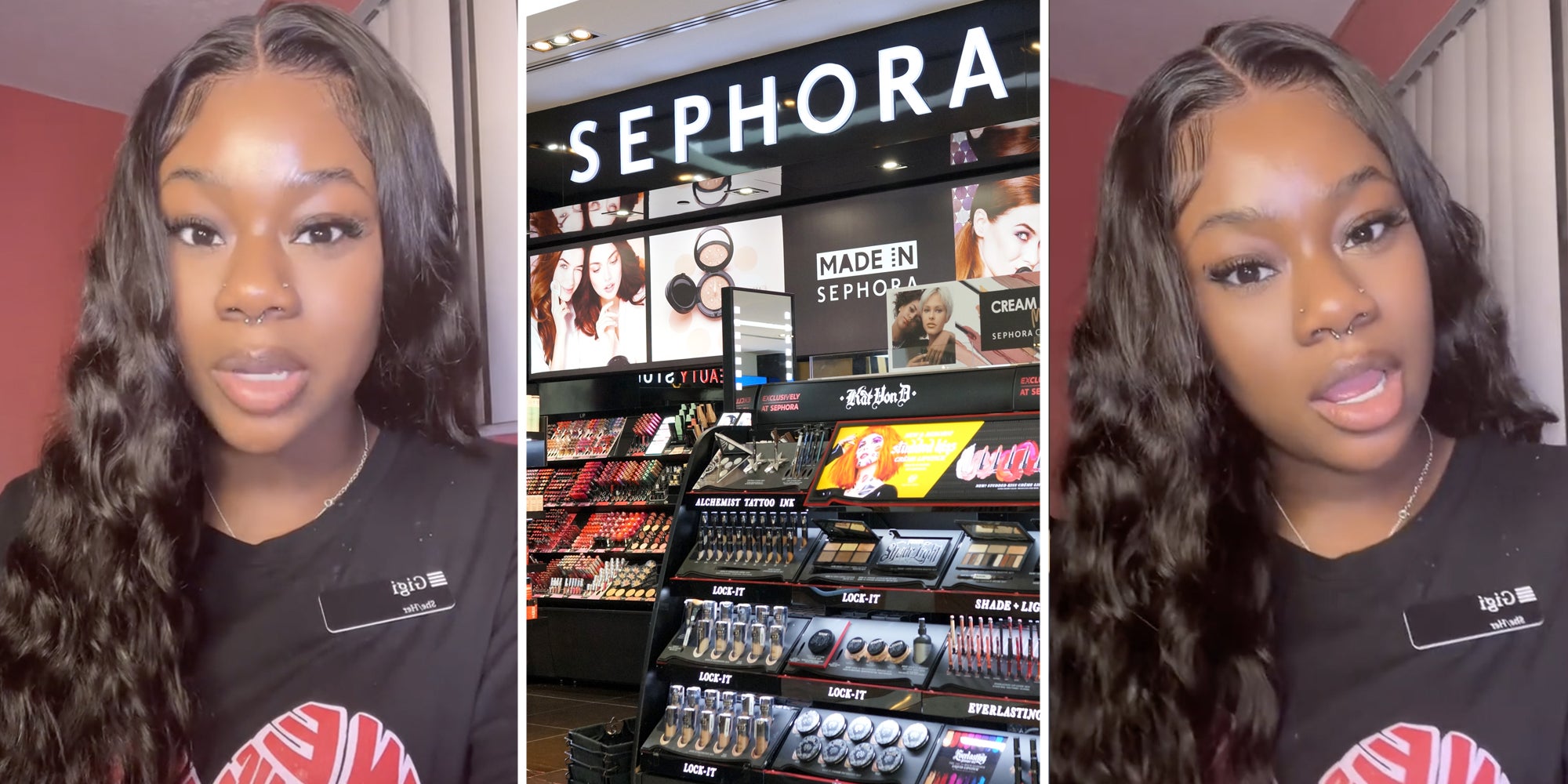 Woman talking(l+r), Sephora store interior(c)