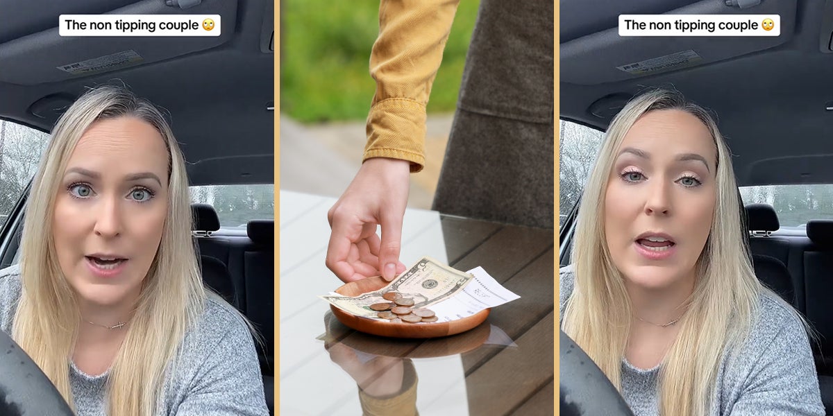 server speaking in car with caption 'The non tipping couple' (l) server picking up tip (c) server speaking in car with caption 'The non tipping couple' (r)