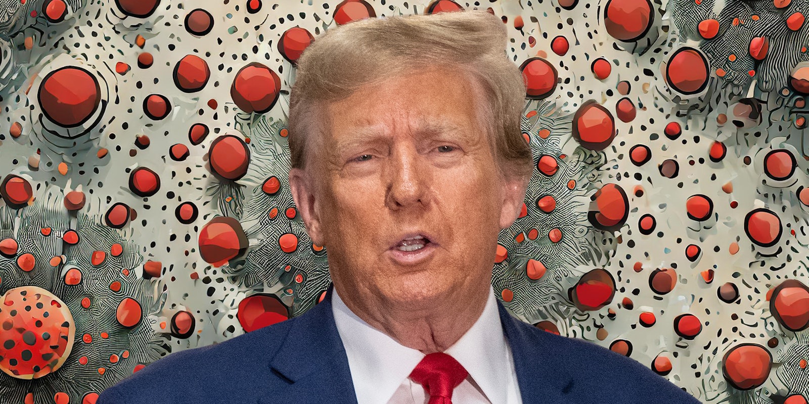 Former President Donald Trump over background of red spots