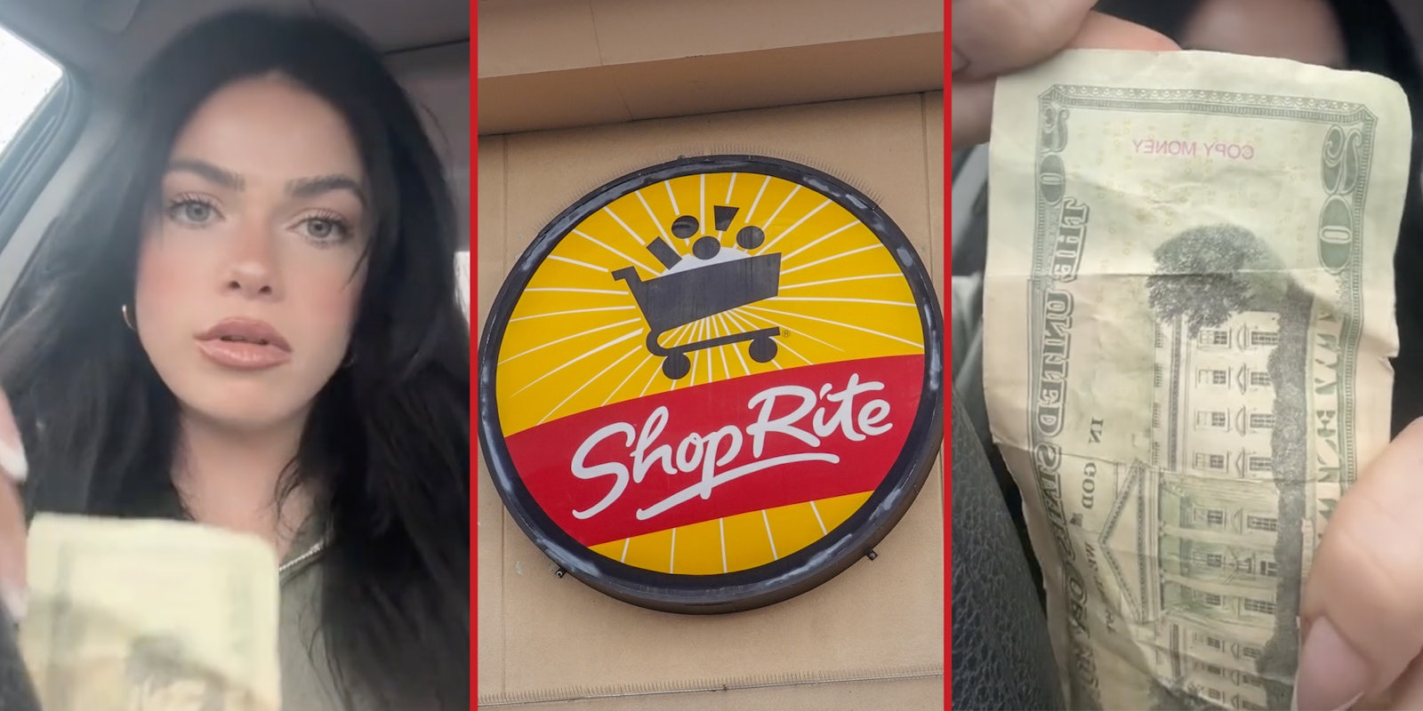 Woman with money(l), Shoprite sign(c), Fake $20(r)