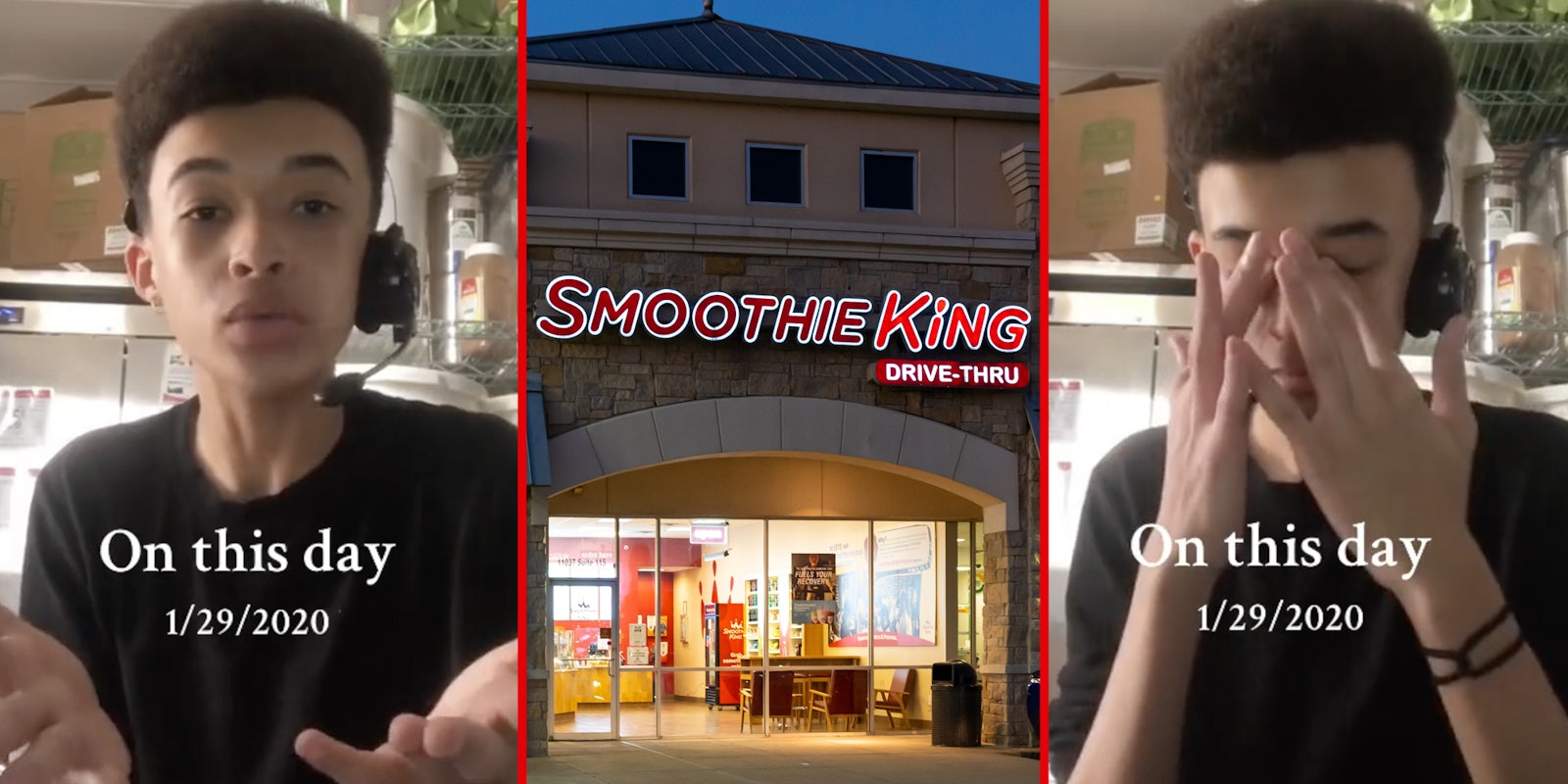 Person talking(l), Smoothie King storefront(c), Person with their hands on their face(r)