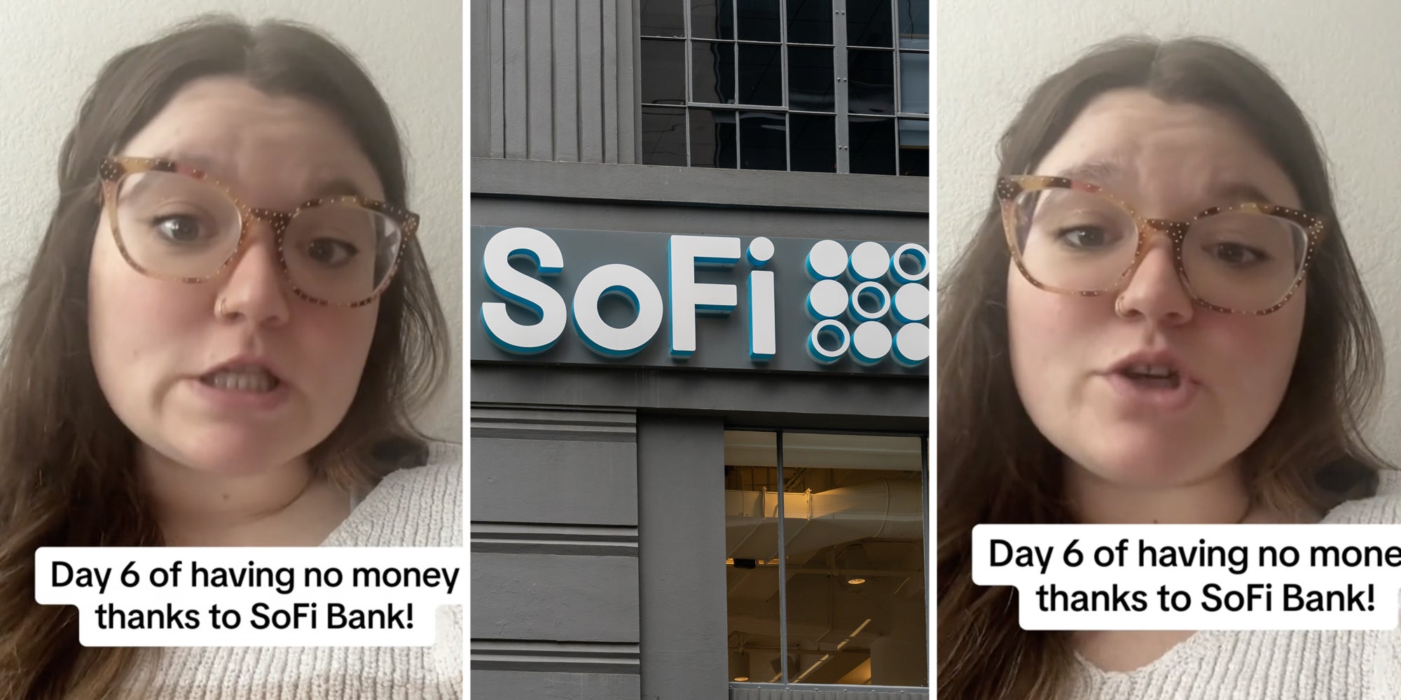 Woman talking(l+r), Sofi bank(c)