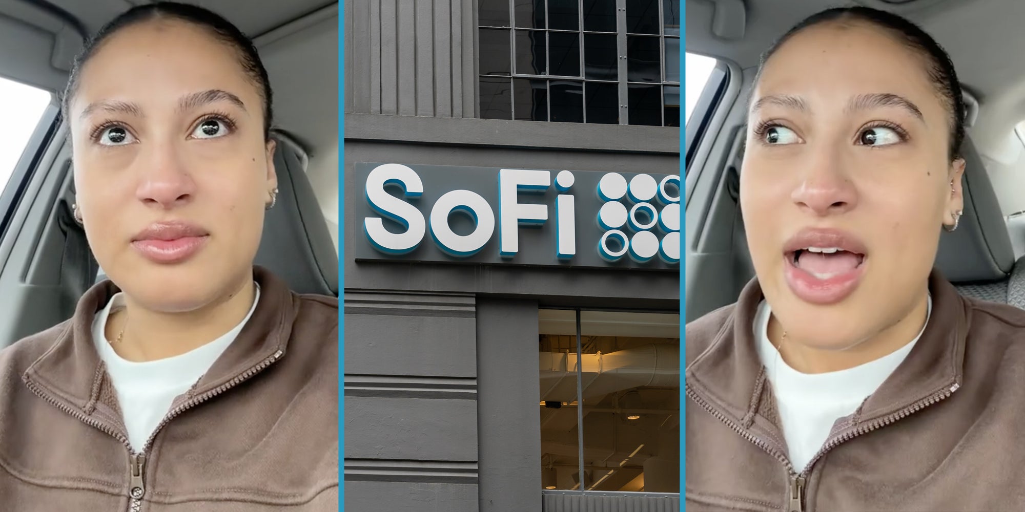 Woman talking(l+r), Sofi bank(c)