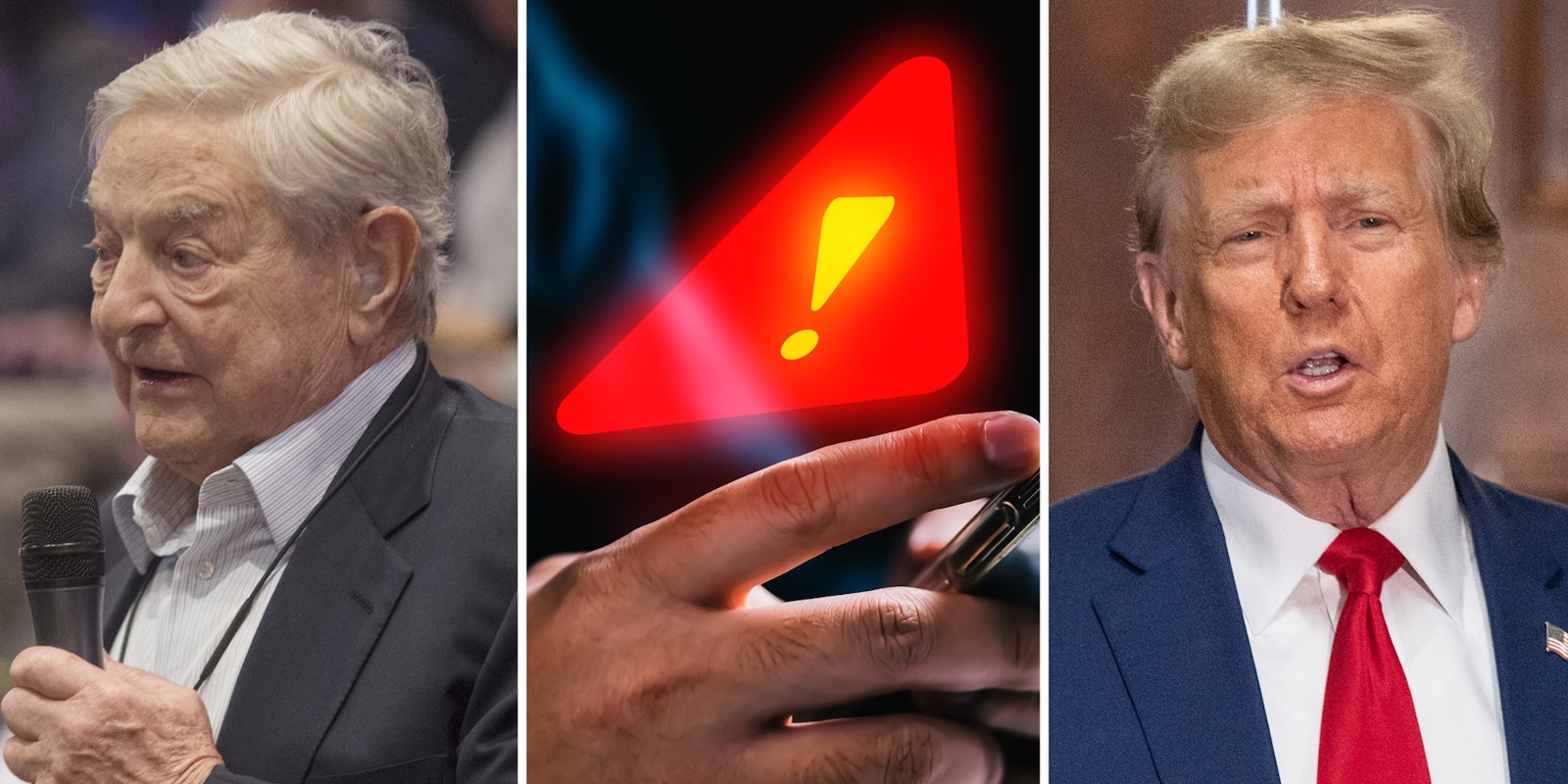 George Soros(l), Warning image over phone(c), Donald Trump(r)