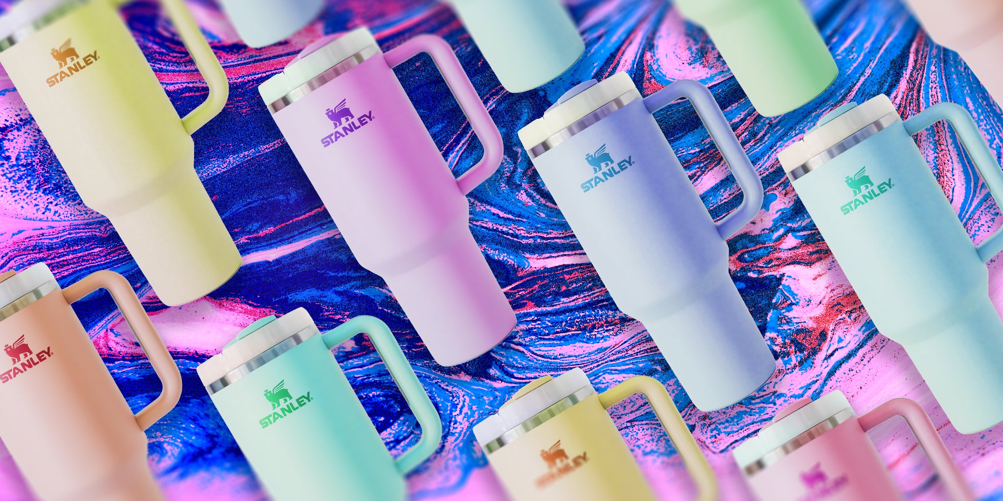 stanley cup memes: Stanley cups floating over abstract background