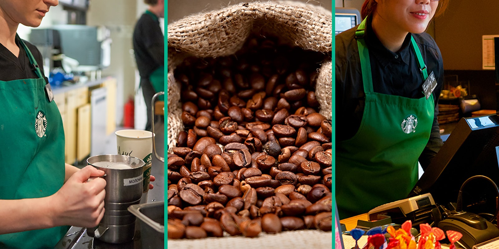 Statrbucks barista with metal cup (l) coffee beans (c) Starbucks cashier at register (r)