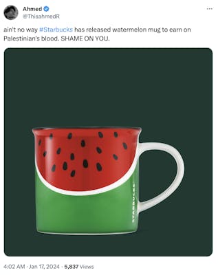 A tweet about Starbucks' watermelon mug