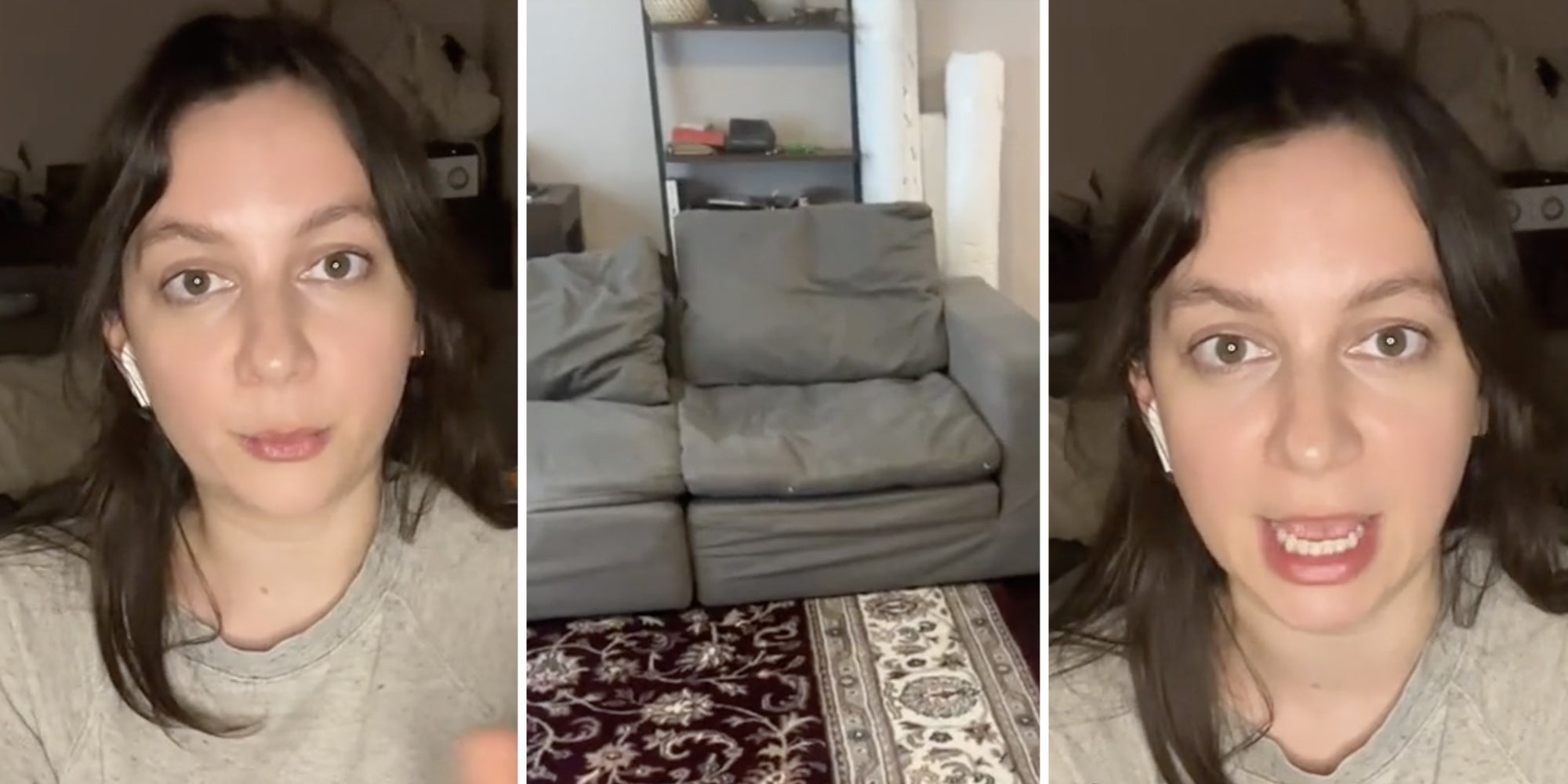 Woman talking(l+r), Couch(c)