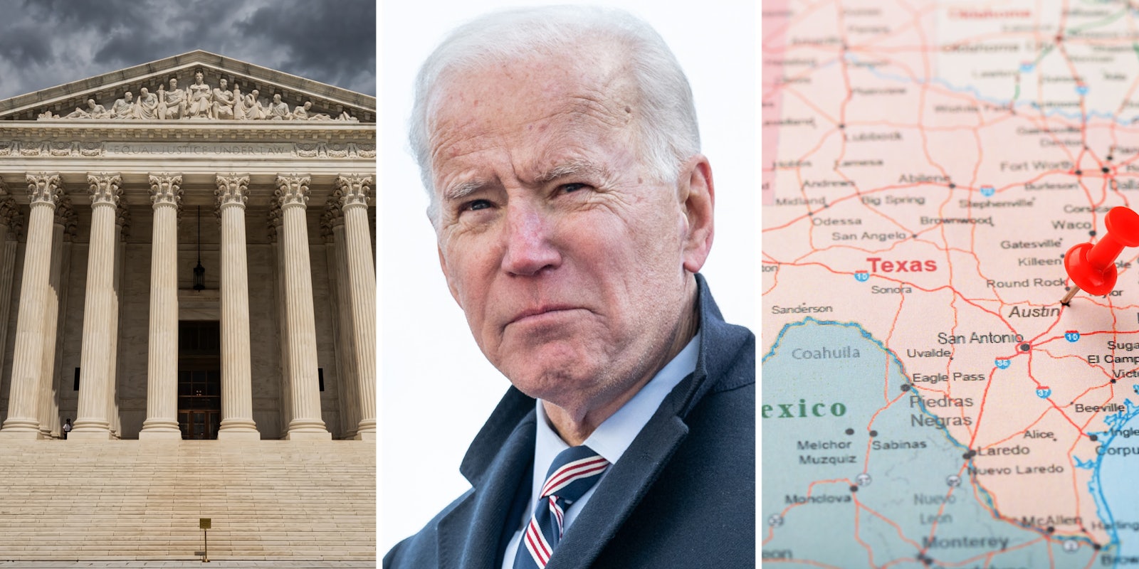Supreme Court(l), Joe Biden(c), Texas on map(r)