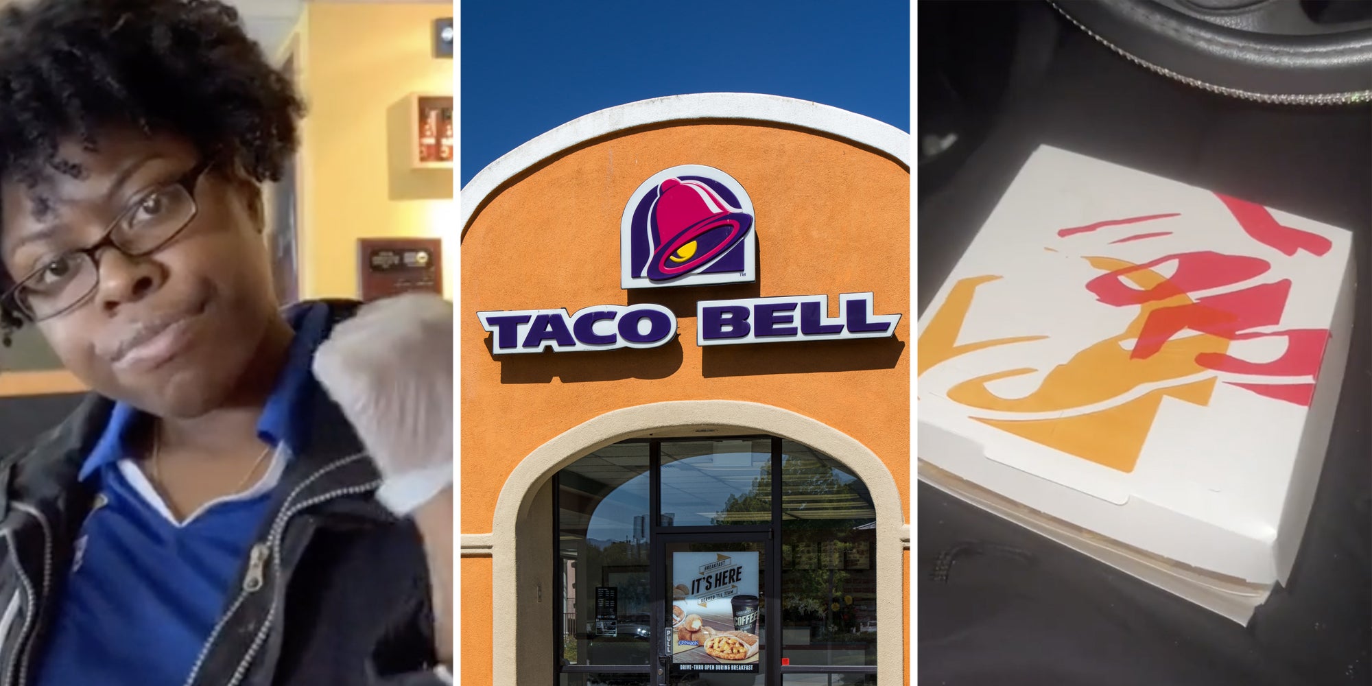 Woman(l), Taco Bell(c), Nacho box(r)