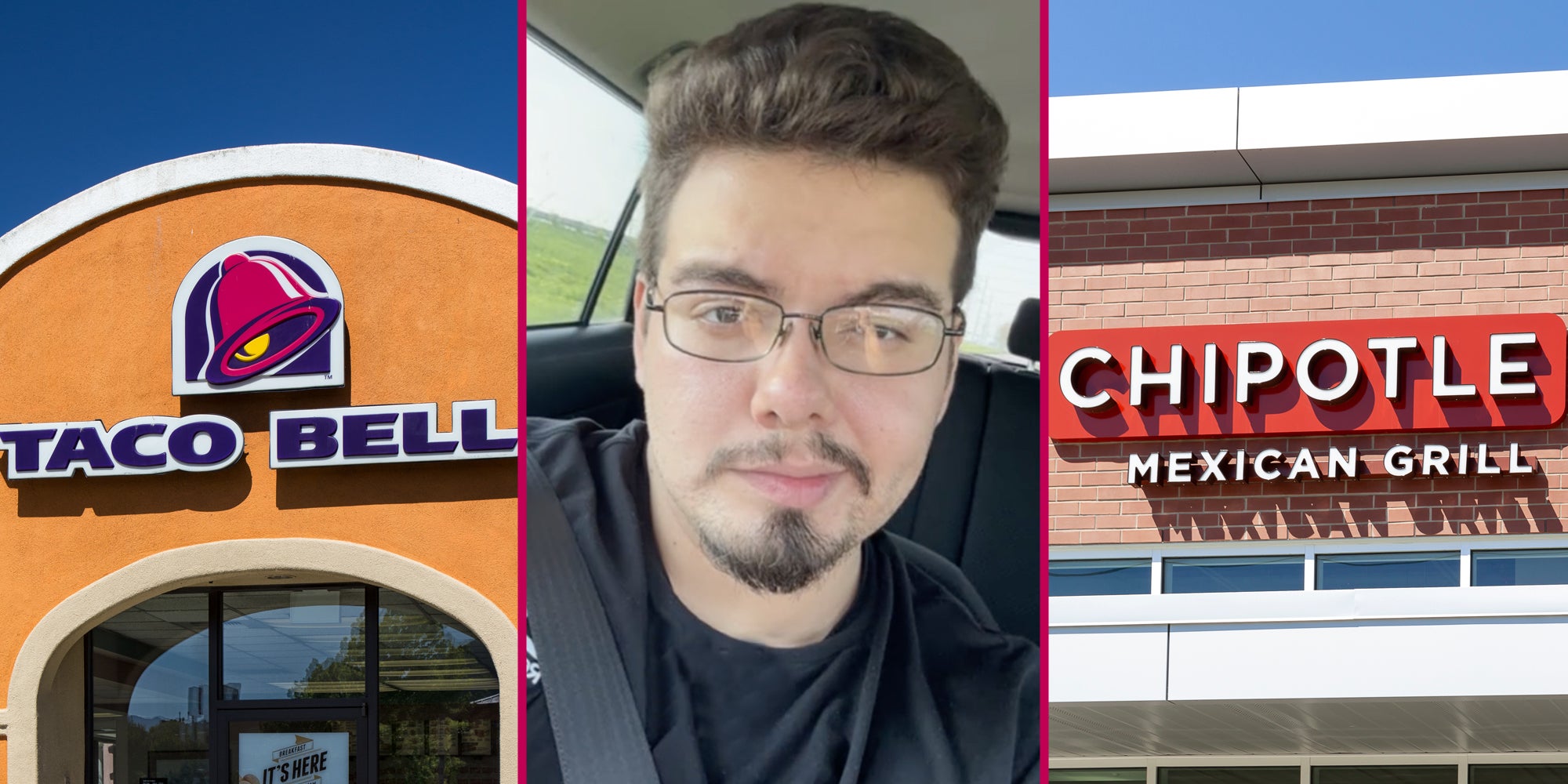 Taco Bell(l), Man smiling(c), Chipotle(r)