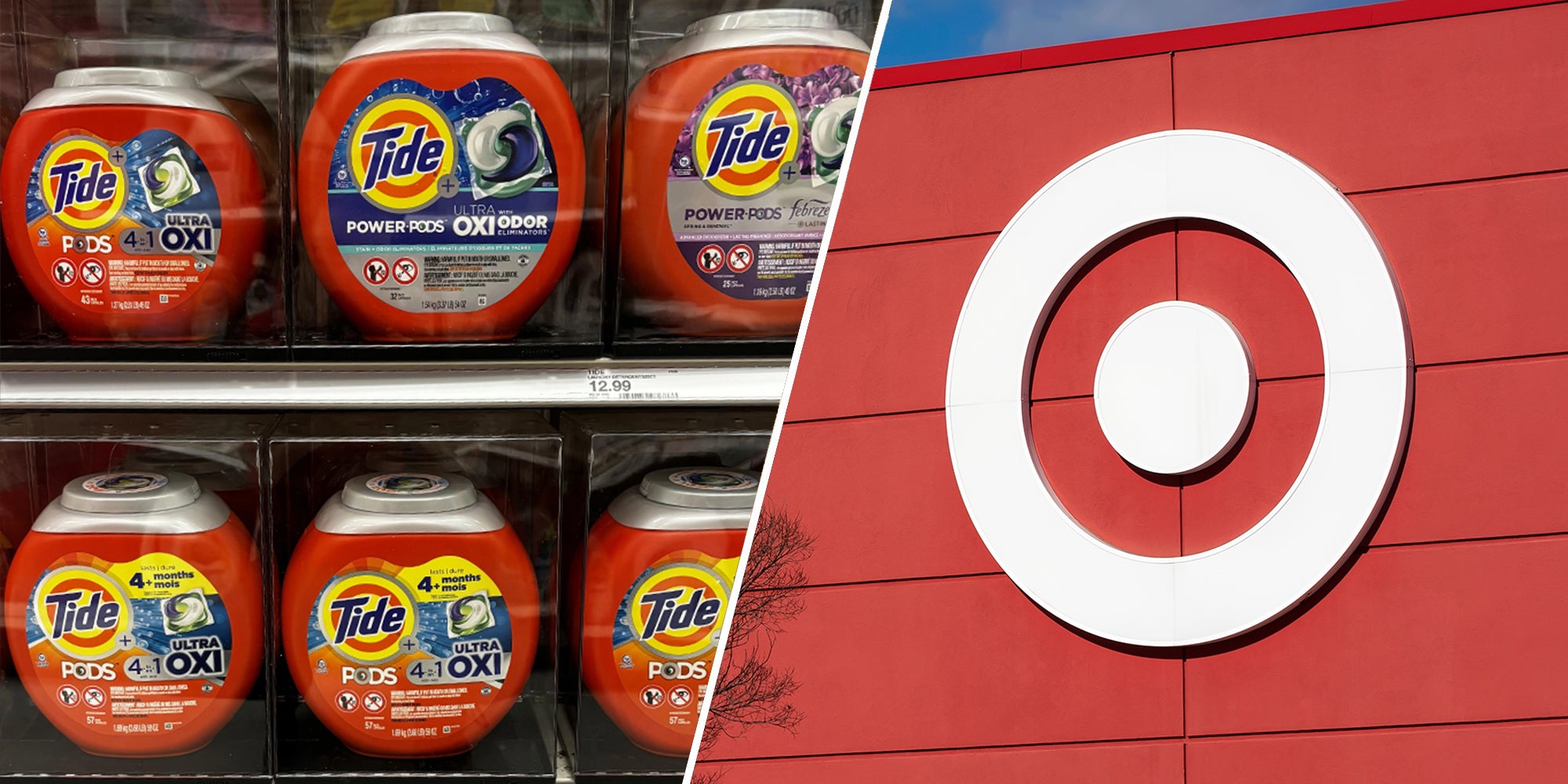 Tide Pods locked behind clear casing (l) Target (r)