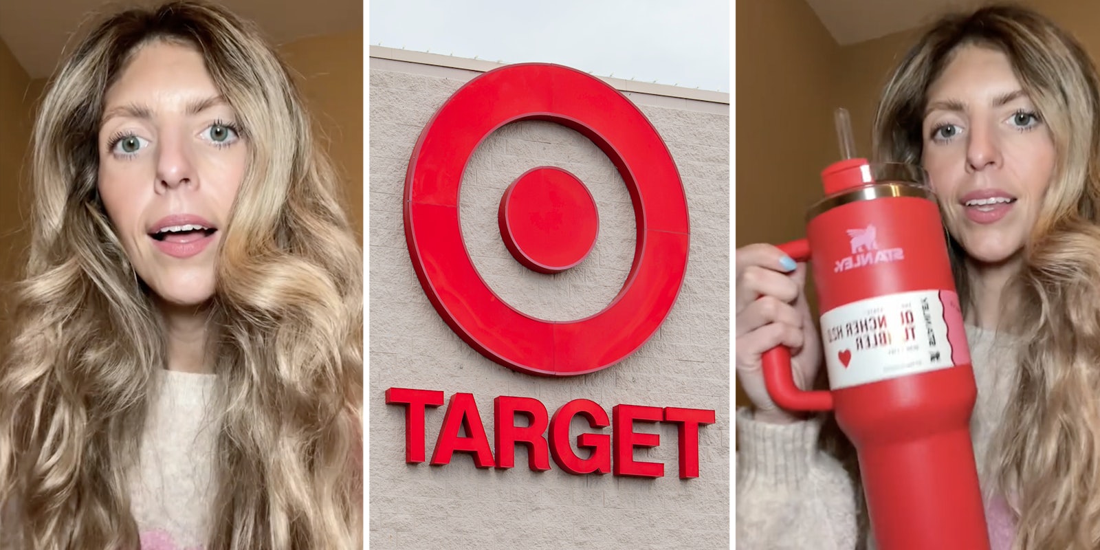 Woman talking(l), Target logo(c), Woman with stanely cup(r)