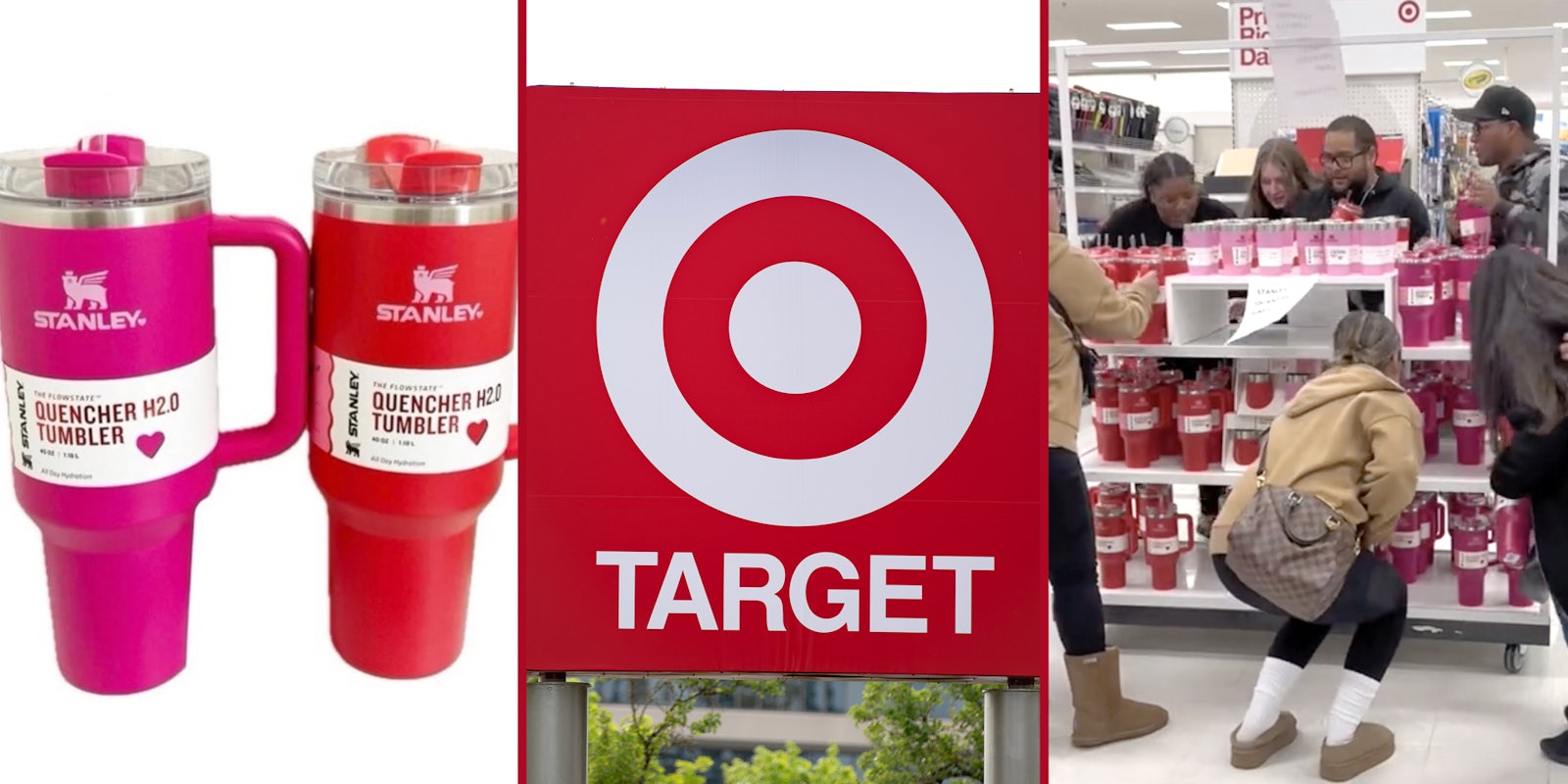 Valentine's Day Stanley Cup(l), Target sign(c), People grabbing Stanley cups at target(r)