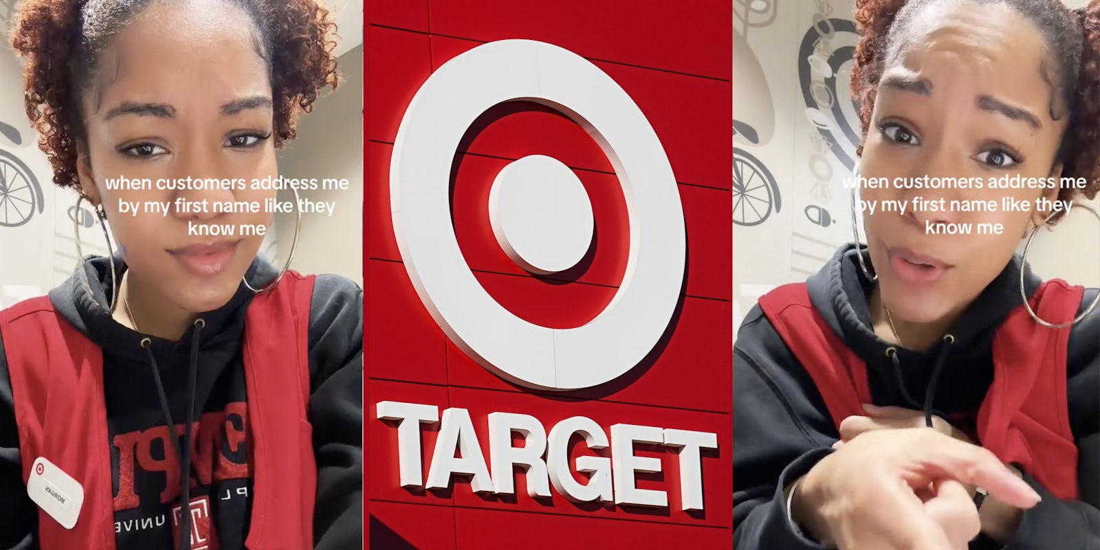 Woman target worker(l+r), Target logo(c)