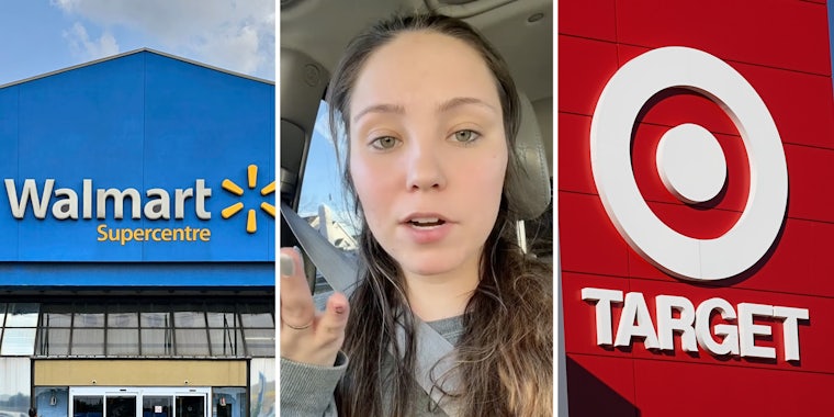 Walmart storefront(l), Woman talking(c), Target storefront(r)