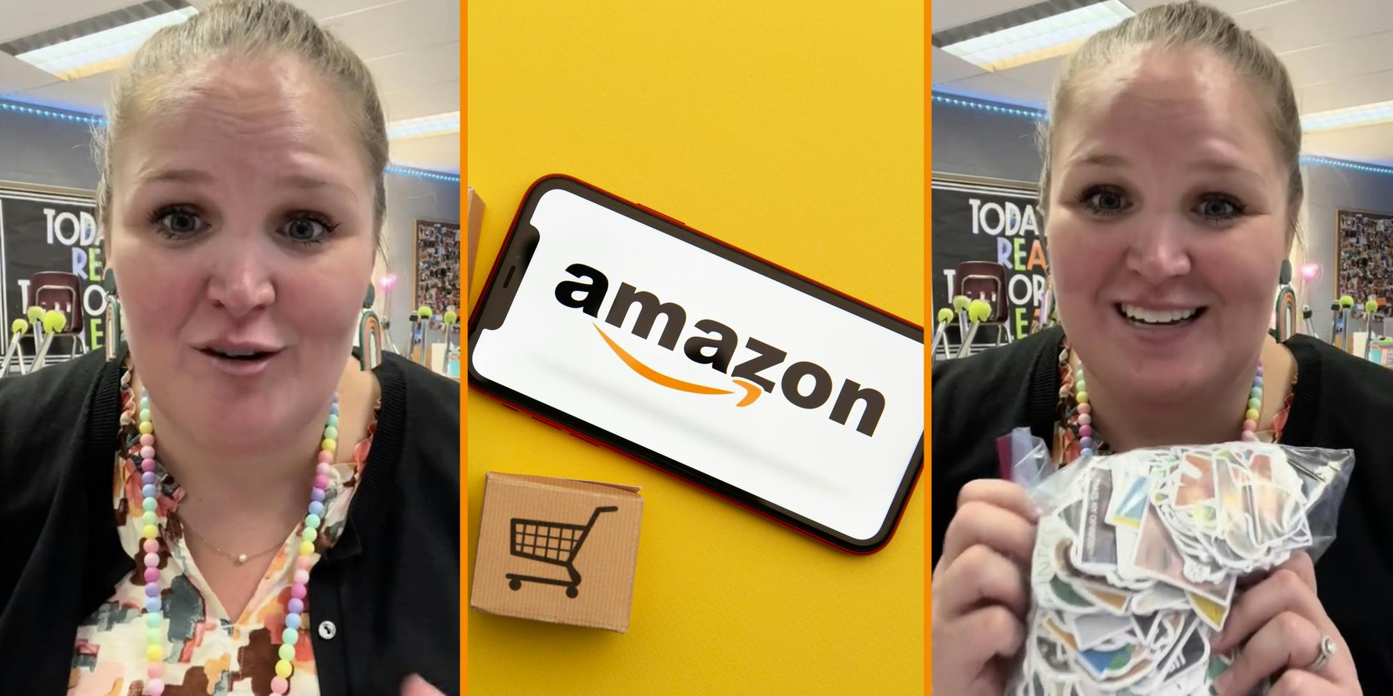Woman talking(l), Phone with amazon logo and small box(c), Woman holding bag of stickers(r)