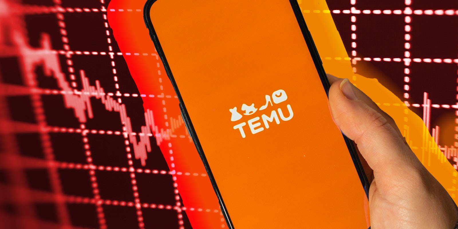 hand holding phone with temu app and profit loss in background