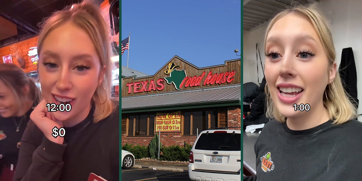Texas Roadhouse worker with caption '12:00 $0' (l) Texas Roadhouse (c) Texas Roadhouse worker with caption '1:00' (r)