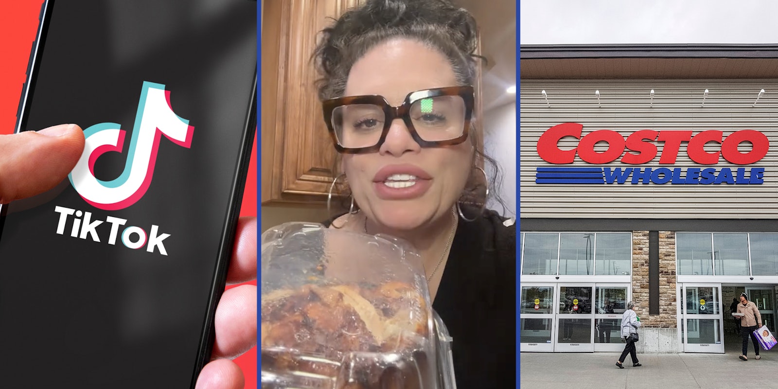 Hand holding phone with tiktok app(l), Woman with chicken(c), Costco store(r)