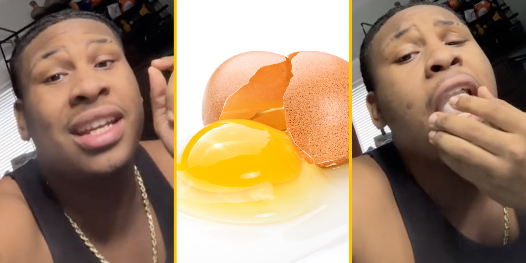 Man talking(l), Cracked raw egg(c), Man eating whole raw egg(r)