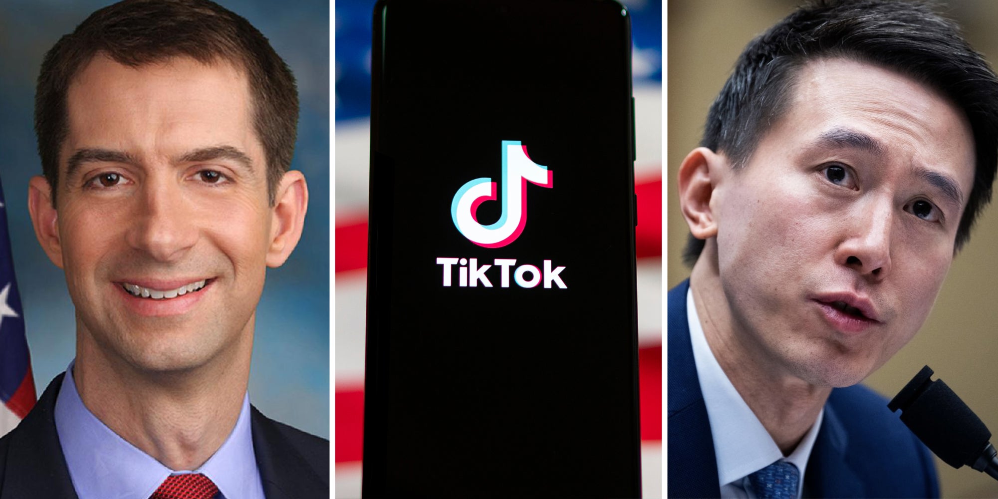 Tom Cotton(l), Phone with tiktok app(c), Shou Zi Chew(r)