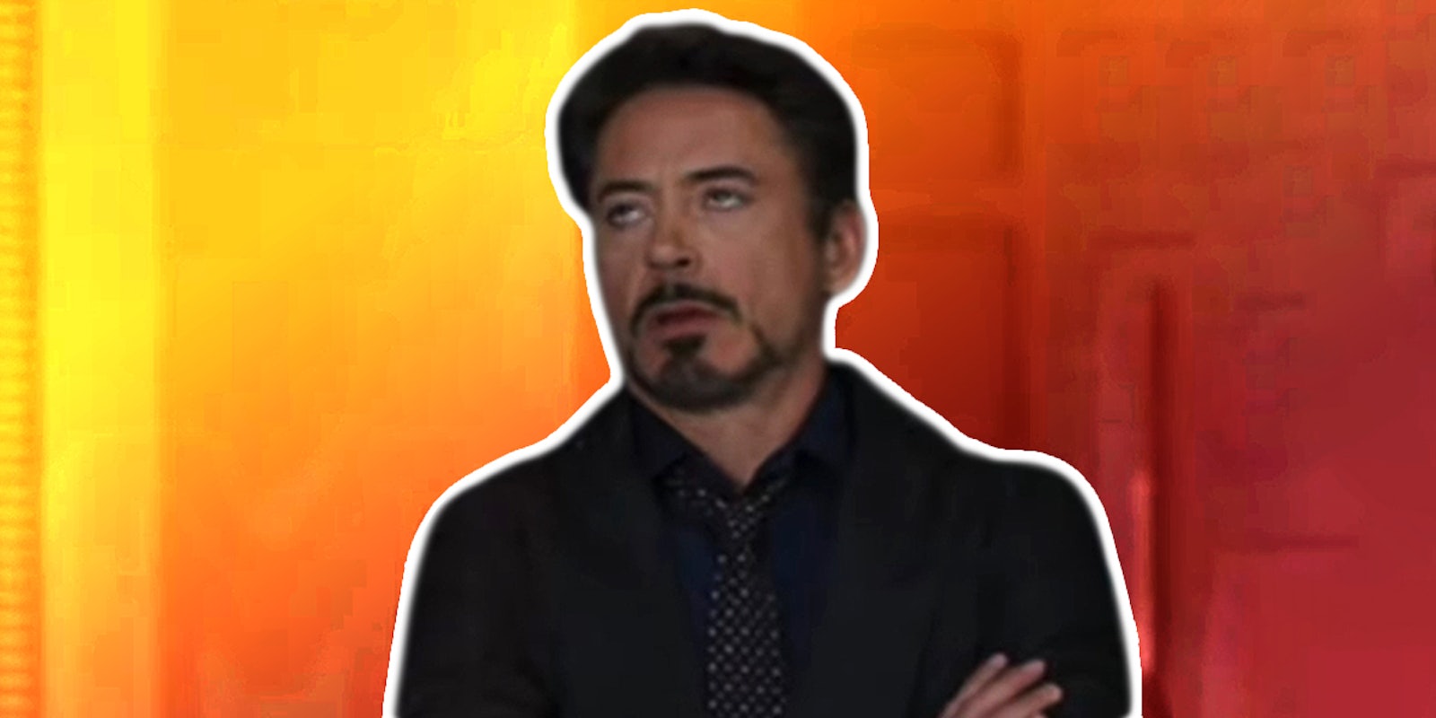 Robert Downey Jr. as Tony Stark Avengers in front of yellow to red diagonal gradient background