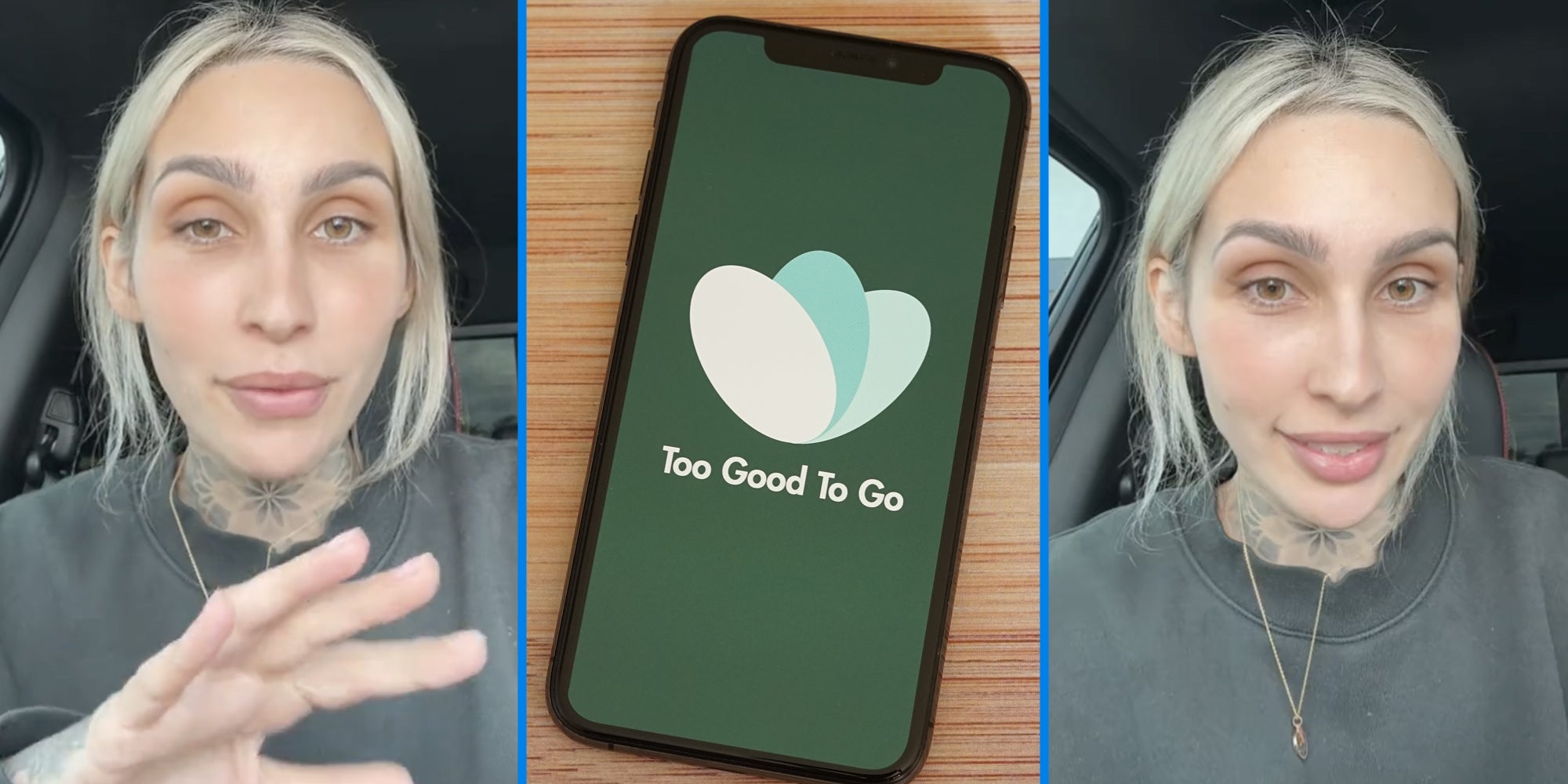 Woman talking(l+r), Too Good to go app(c)