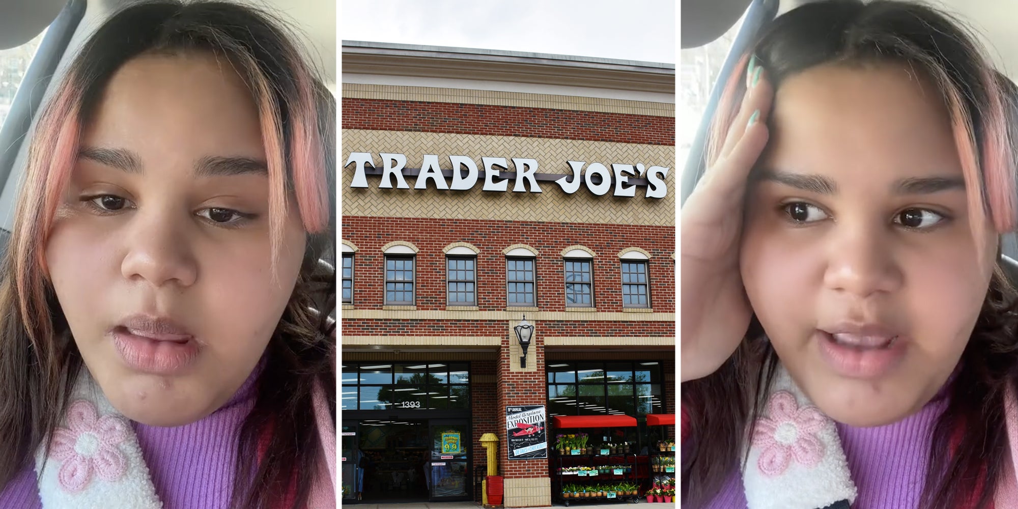 Woman talking(l+r), Trader Joe's storefront(c)