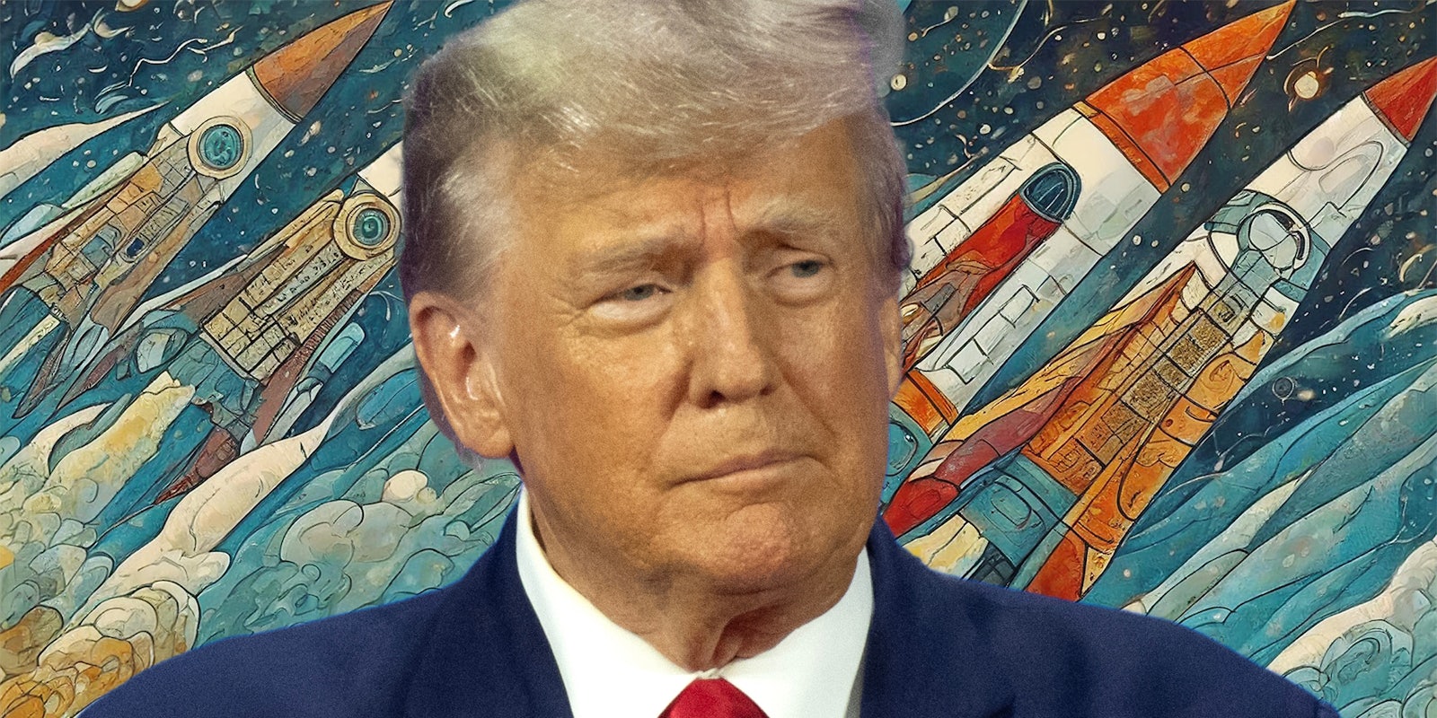 Donald Trump with missiles in the background