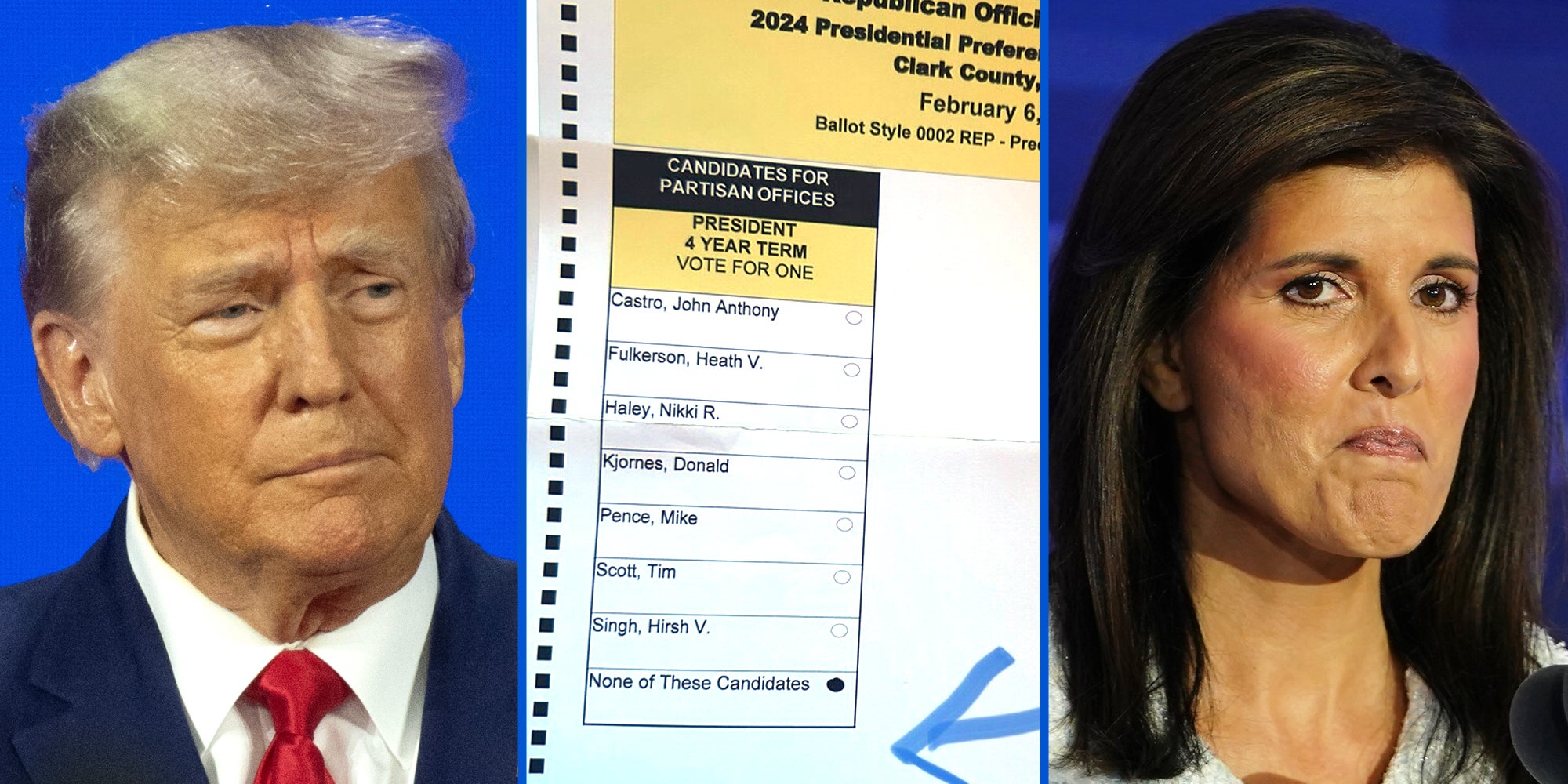 Donald Trump(l), Ballot(c), Nikki Haley(r)