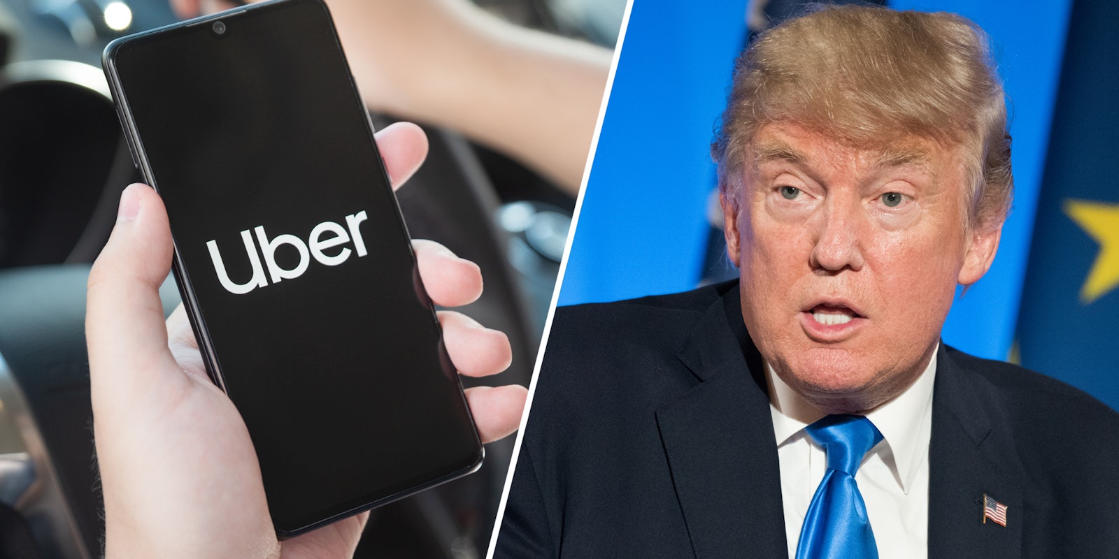 Hand holding phone with uber app(l), Donald Trump(r)