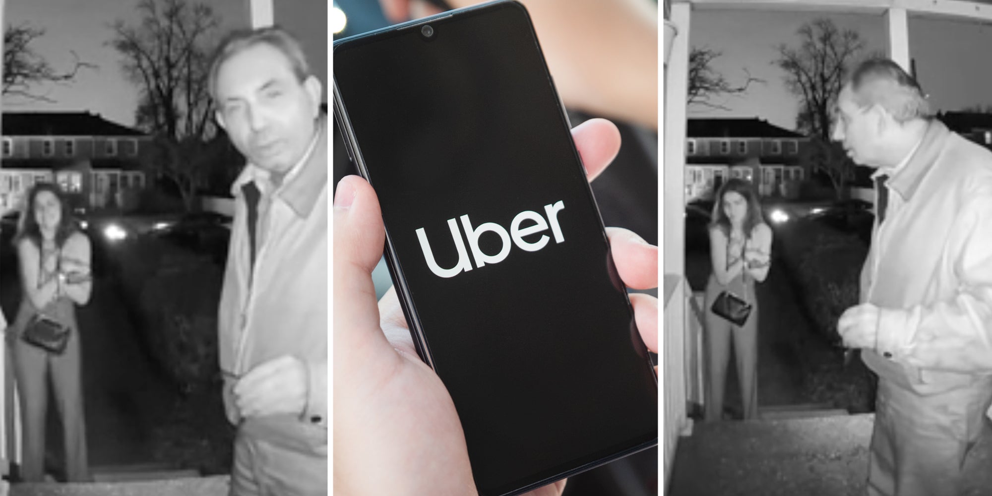 Uber driver and passenger on ring cam(l+r), hand holding phone with Uber app open(c)