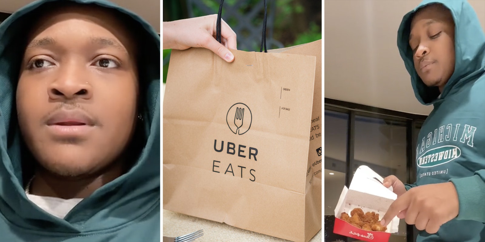 Man talking(l), Hand with uber eats bag(c), Man showing off food(r)