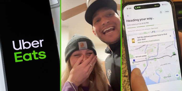 Uber Eats app(l), Couple laughing(c), Phone with map open(r)