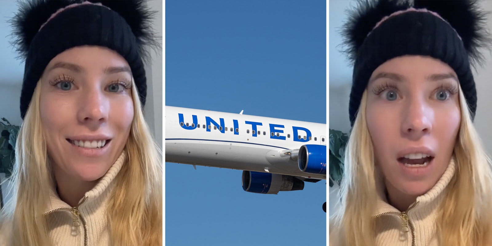 Woman talking(l+r), United airlines airplane