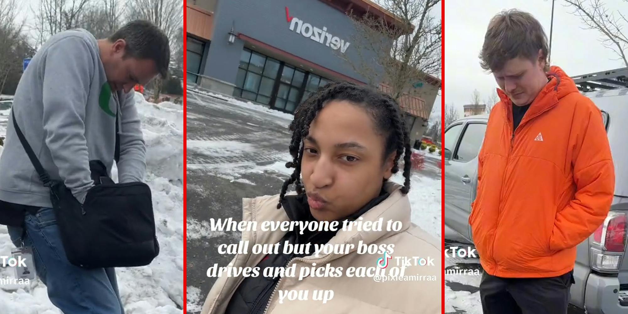 man searching bag (l) young woman outside Verizon store with caption "When everyone tried to call out but your boss drives and picks each of you up" (c) young man looking down distraught (r)