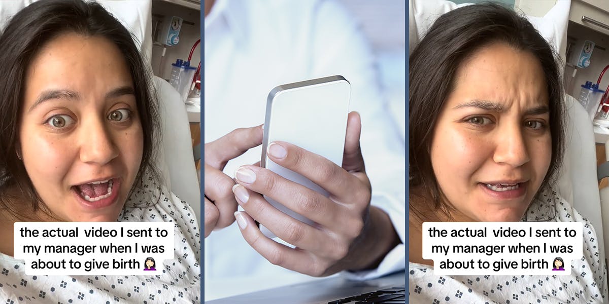 woman in hospital bed with caption "the actual video I sent to my manager when I was about to give birth" (l) office woman holding phone (c) woman in hospital bed with caption "the actual video I sent to my manager when I was about to give birth" (r)