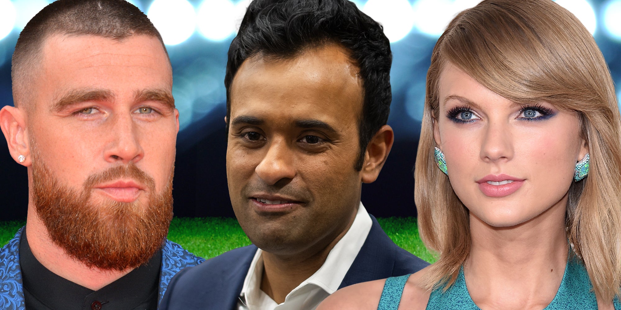 Travis Kelce (l) Vivek Ramaswamy (c) Taylor Swift (r)