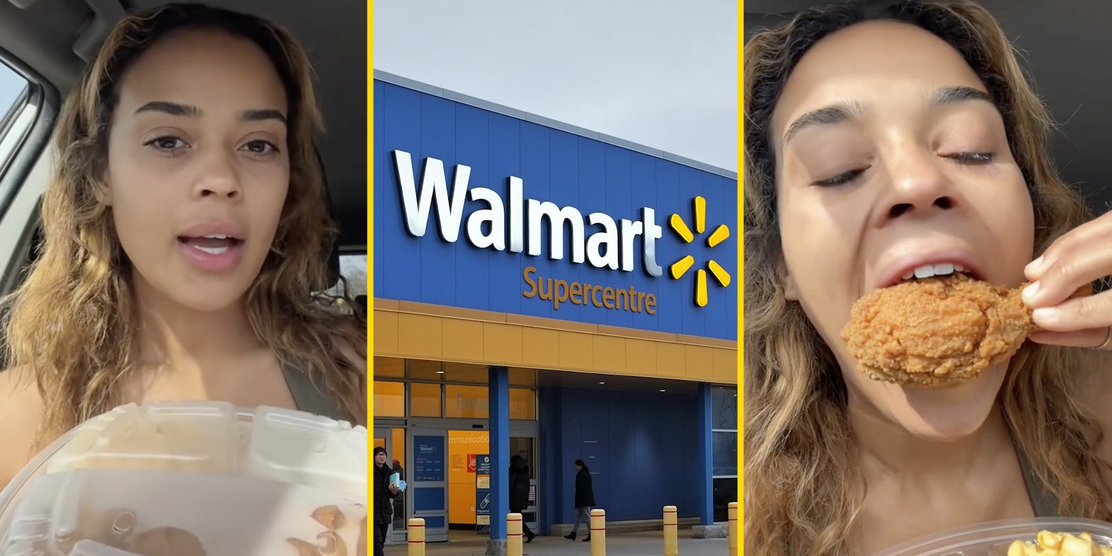 Woman with container(l), Walmart storefront(c), Woman eating chicken(r)