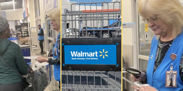 Woman checking receipts with magnifying glass(l+r), Walmart shopping cart(c)