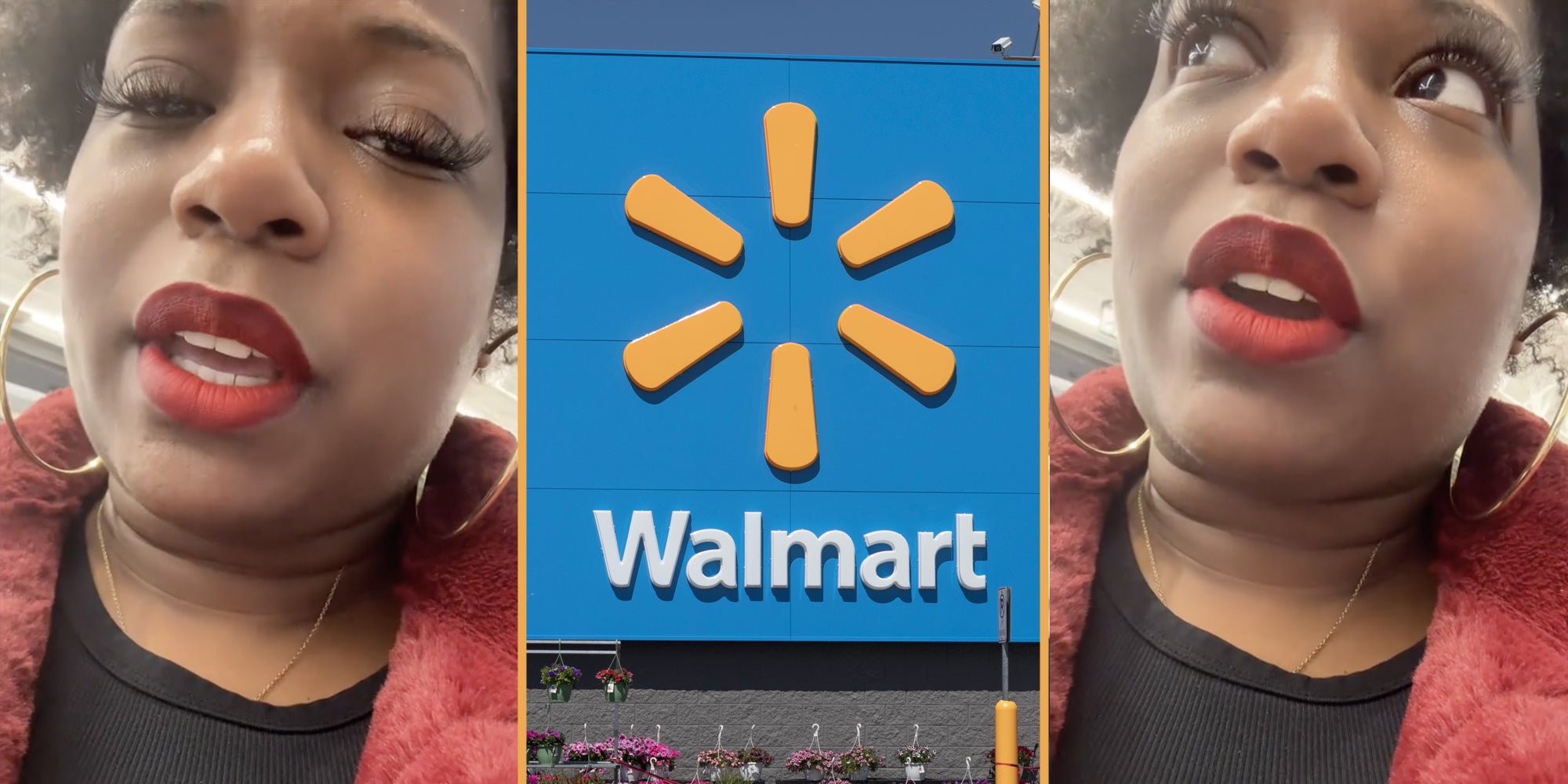 Woman talking(l+r), Walmart storefront(c)