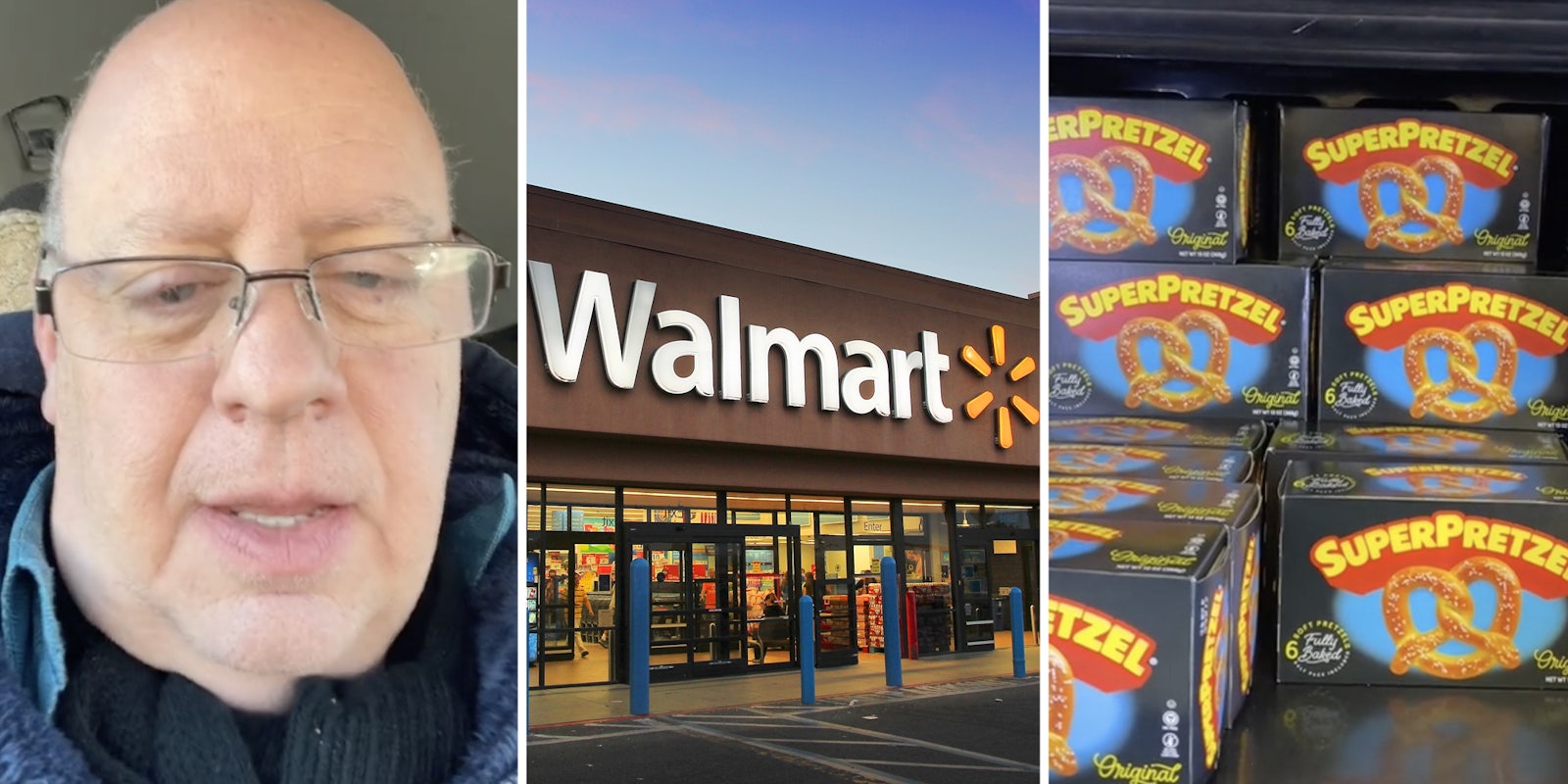Man talking(l), Walmart storefront(c), Frozen Pretzels(r)