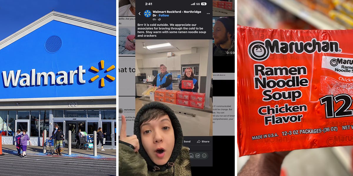 Walmart (l) person greenscreen TikTok over Walmart Facebook post (c) person holding Maruchan ramen noodles (r)