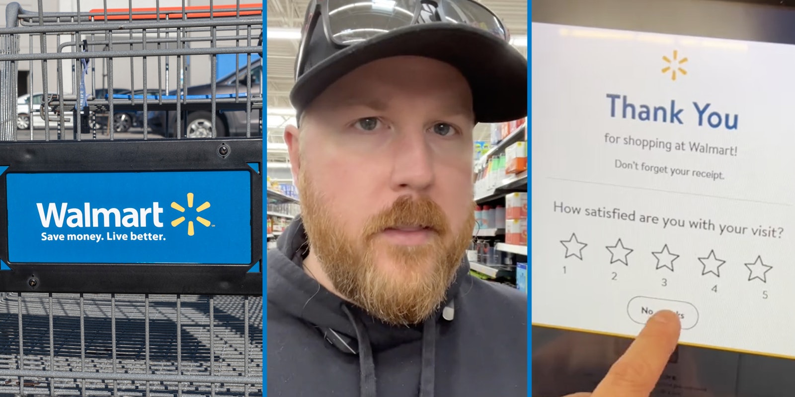 Walmart cart(l), Man talking(c), Walmart rating screen(r)