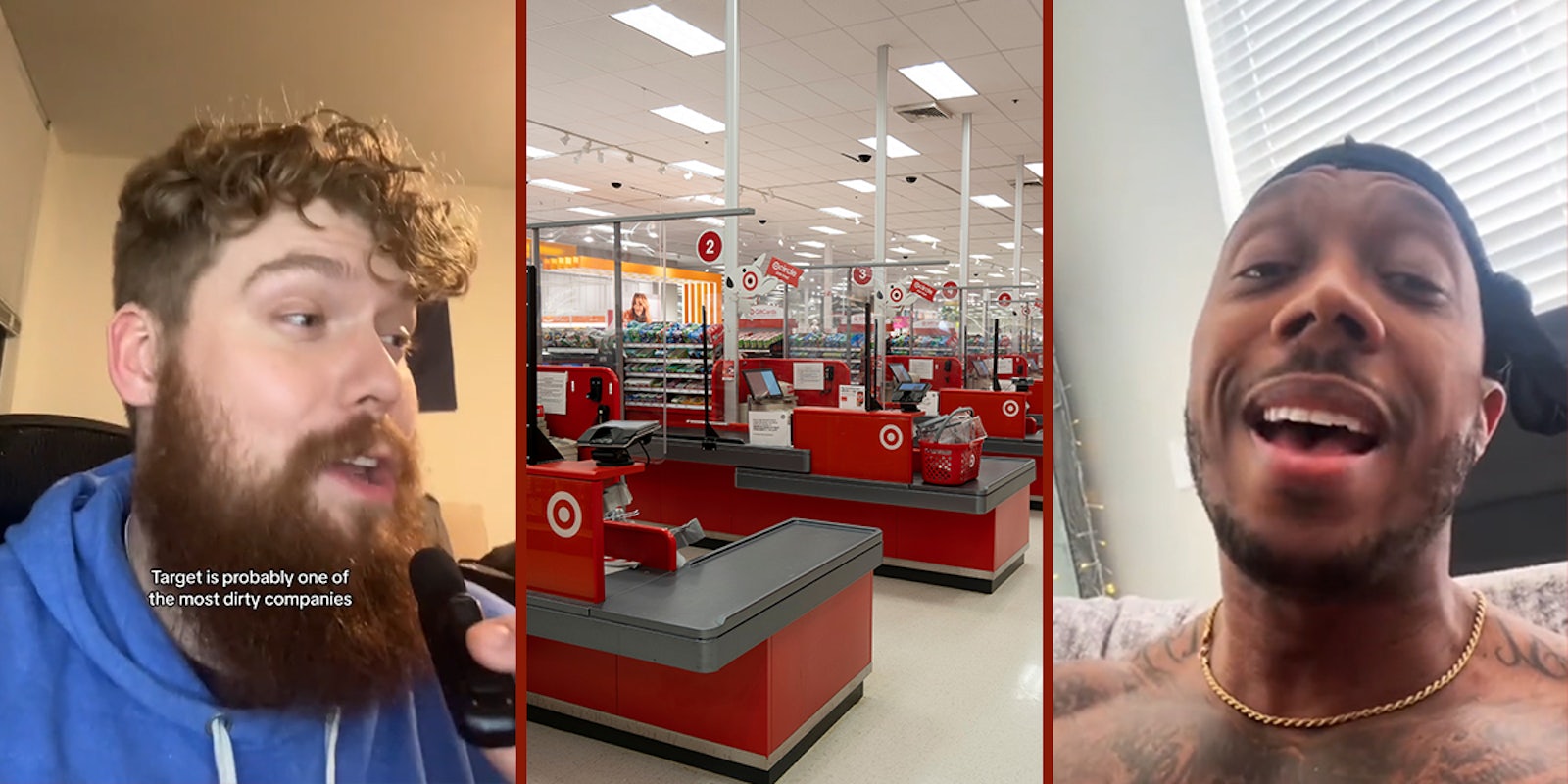 man speaking with caption 'Target is probably one of the most dirty companies' (l) Target checkout (c) Target cashier speaking (r)