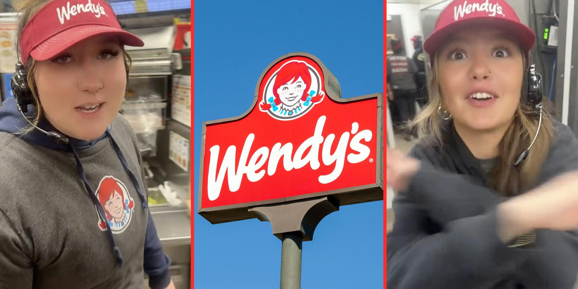 Wendy's workers(l+r), Wendy's sign(c)