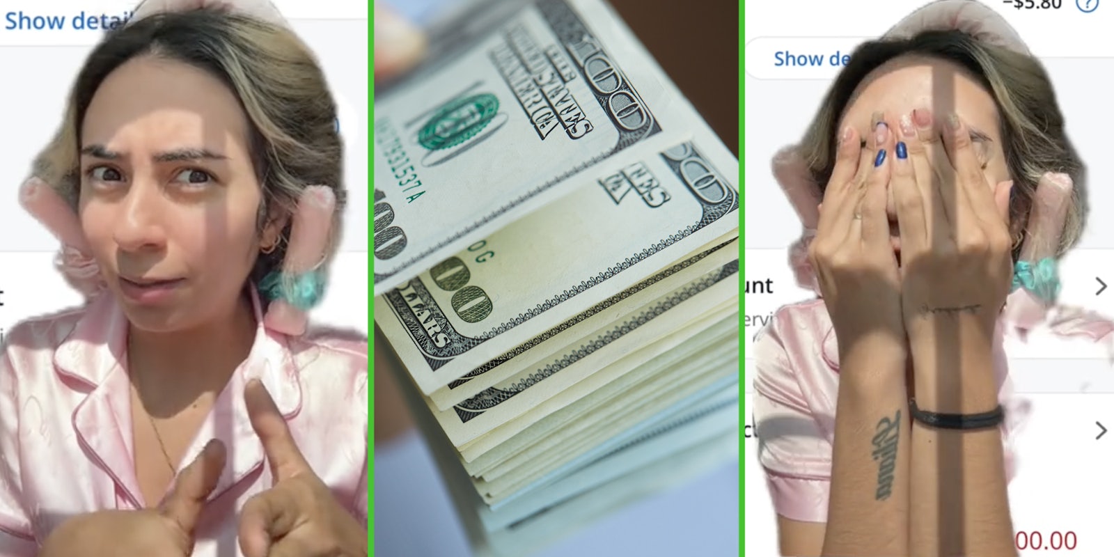 Woman looking shocked(l), Stack of $100 bills(c), Woman with hands over face(r)