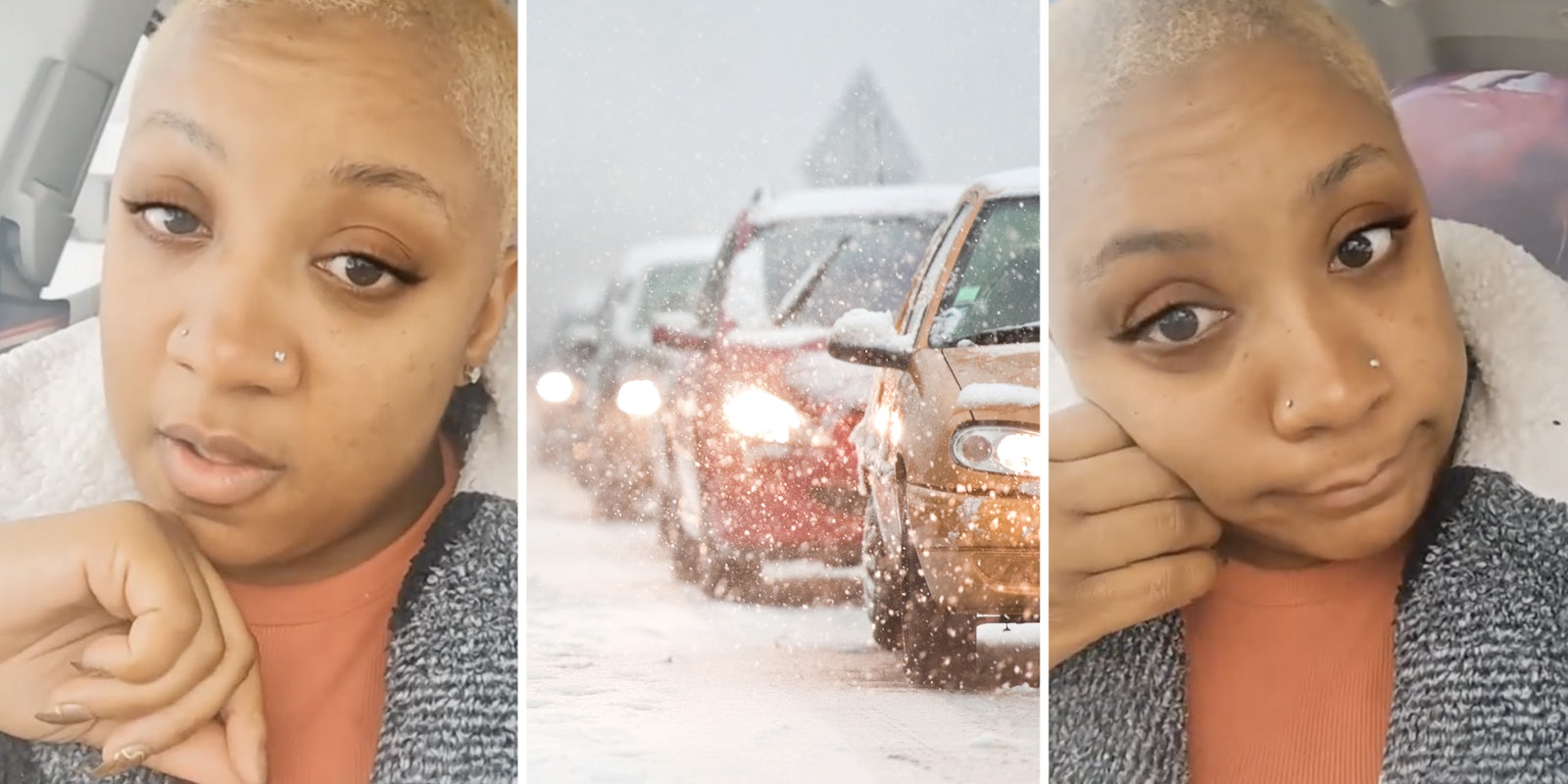Woman talking(l+r), Cars in snowstorm(c)