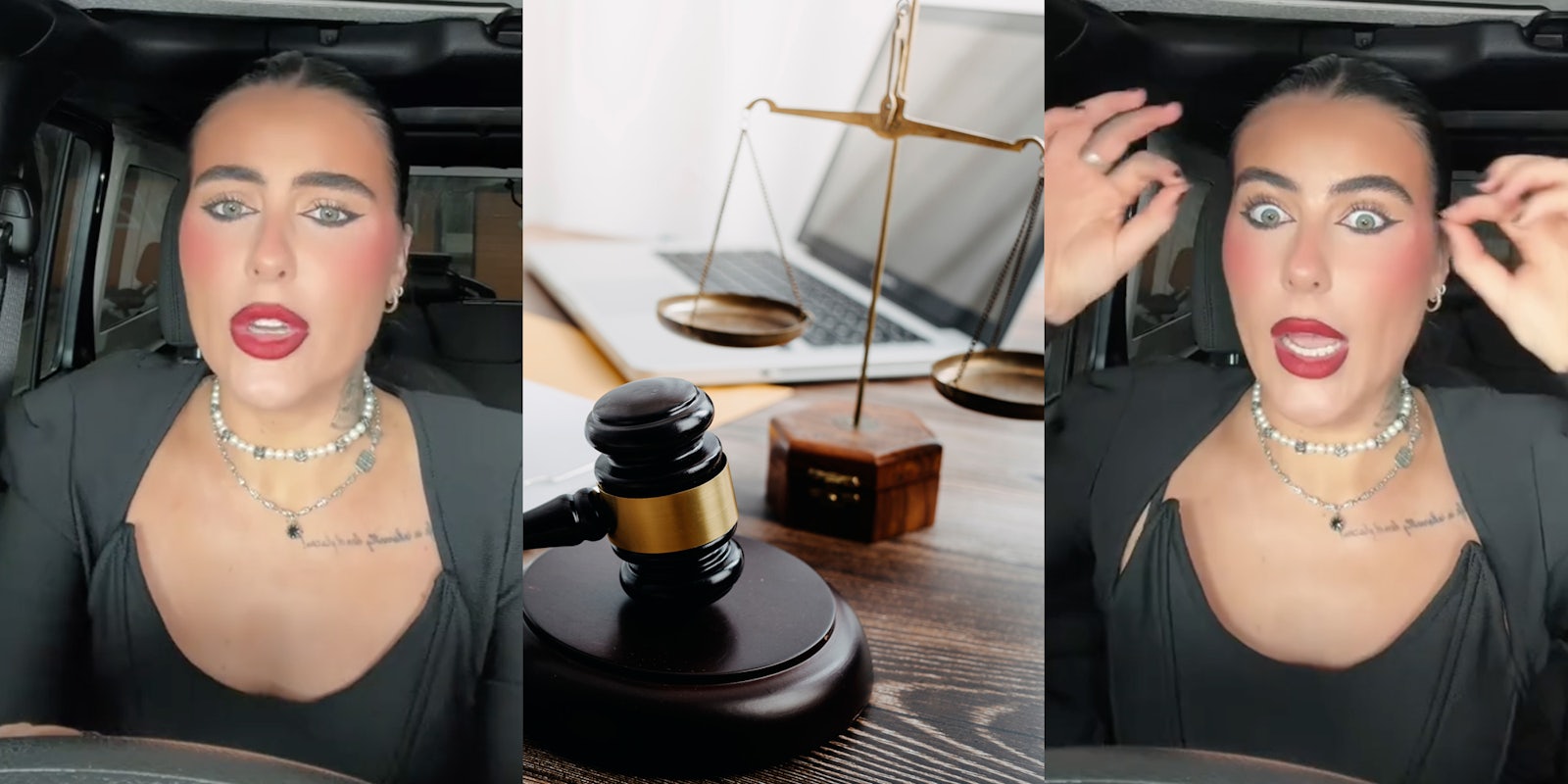 Woman talking(l+r), Scales and gavel(c)